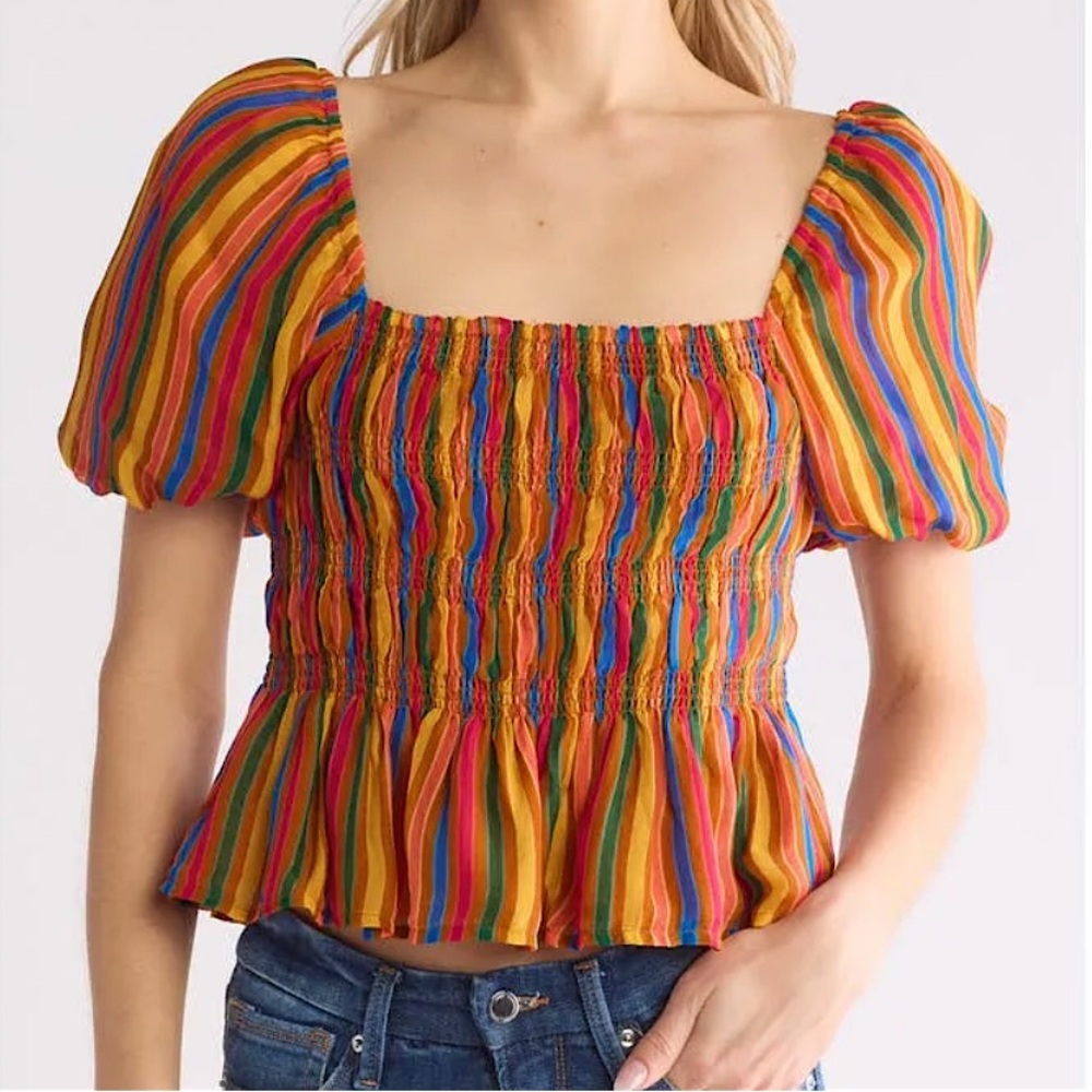 MOTHER The Hey Now Orange Red Blue Striped Puff Sleeve Peplum Blouse